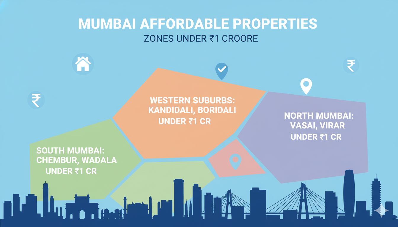 “1BHK under ₹1 Cr” with Mumbai map zone marks.