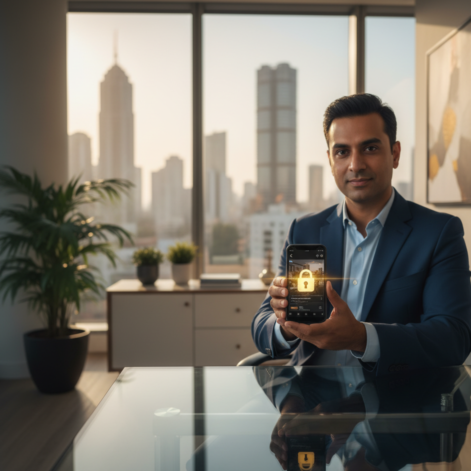 Professional real estate investor using secure smartphone app for property transactions - DHC Realty digital security guide