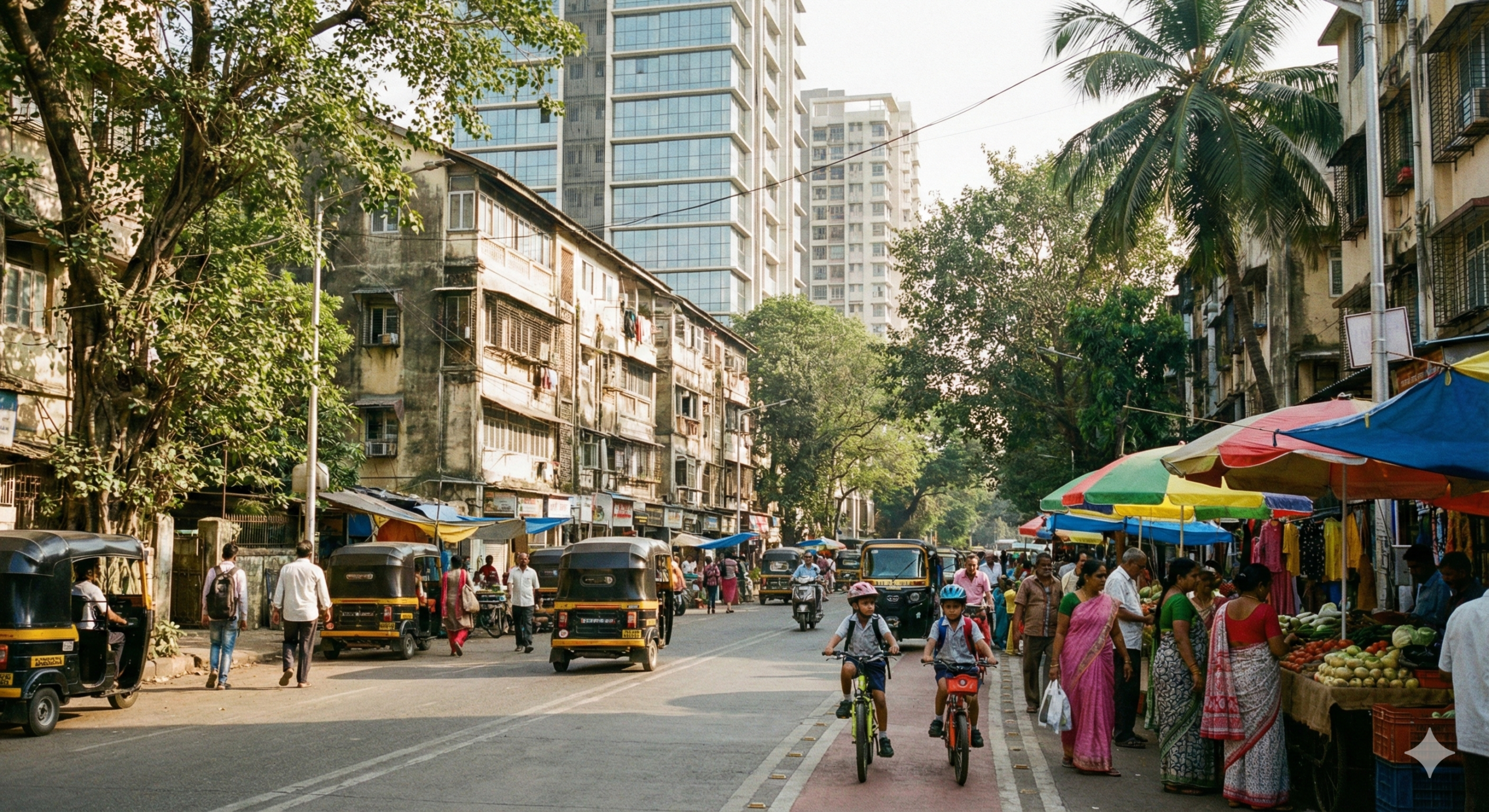 Chembur residential street with families shopping at local market, children cycling, and mixed modern and traditional apartment buildings