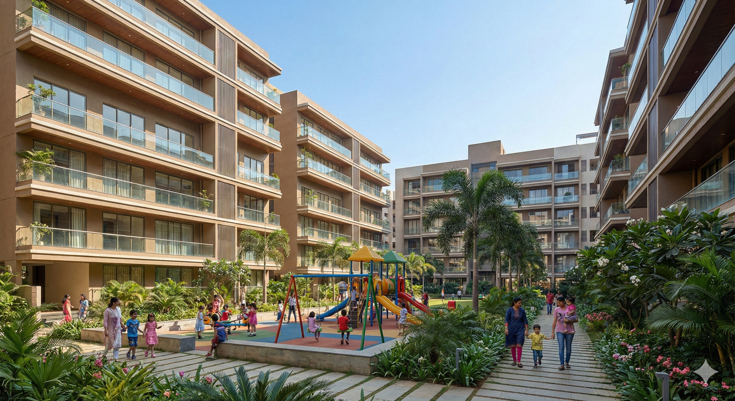 Modern residential complex in Thane with families walking through landscaped gardens and children playing in a safe playground