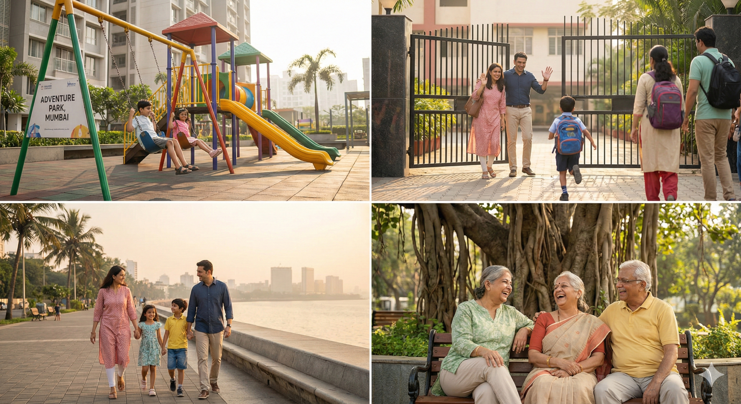 Indian families with children enjoying daily life, kids playing in a modern playground while parents walk near a lake in a residential community