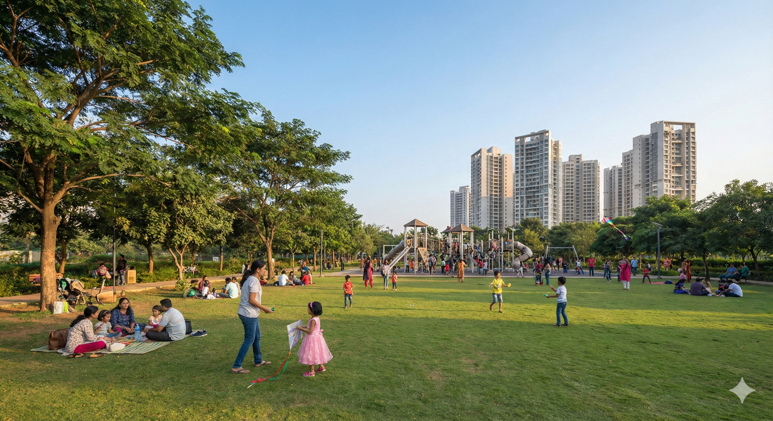 Kharghar Central Park with children playing on grass, families enjoying picnics, and modern apartments in the background