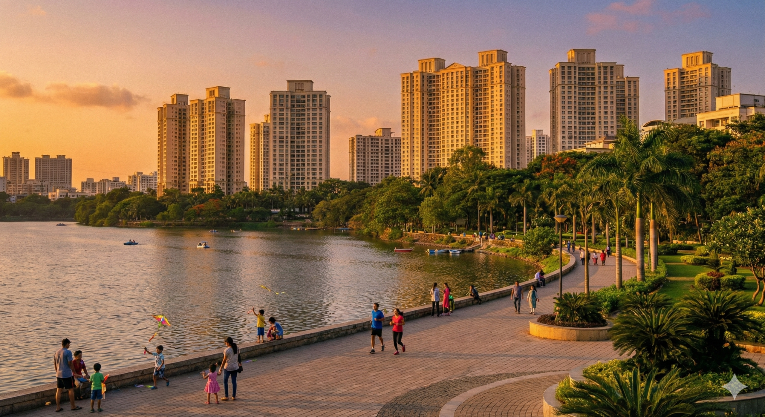 "Scenic view of Powai Lake during evening with modern residential towers in background, families jogging on lakeside pathway, children playing safely near water's edge, lush greenery surrounding the area, golden hour lighting, realistic urban landscape photography"