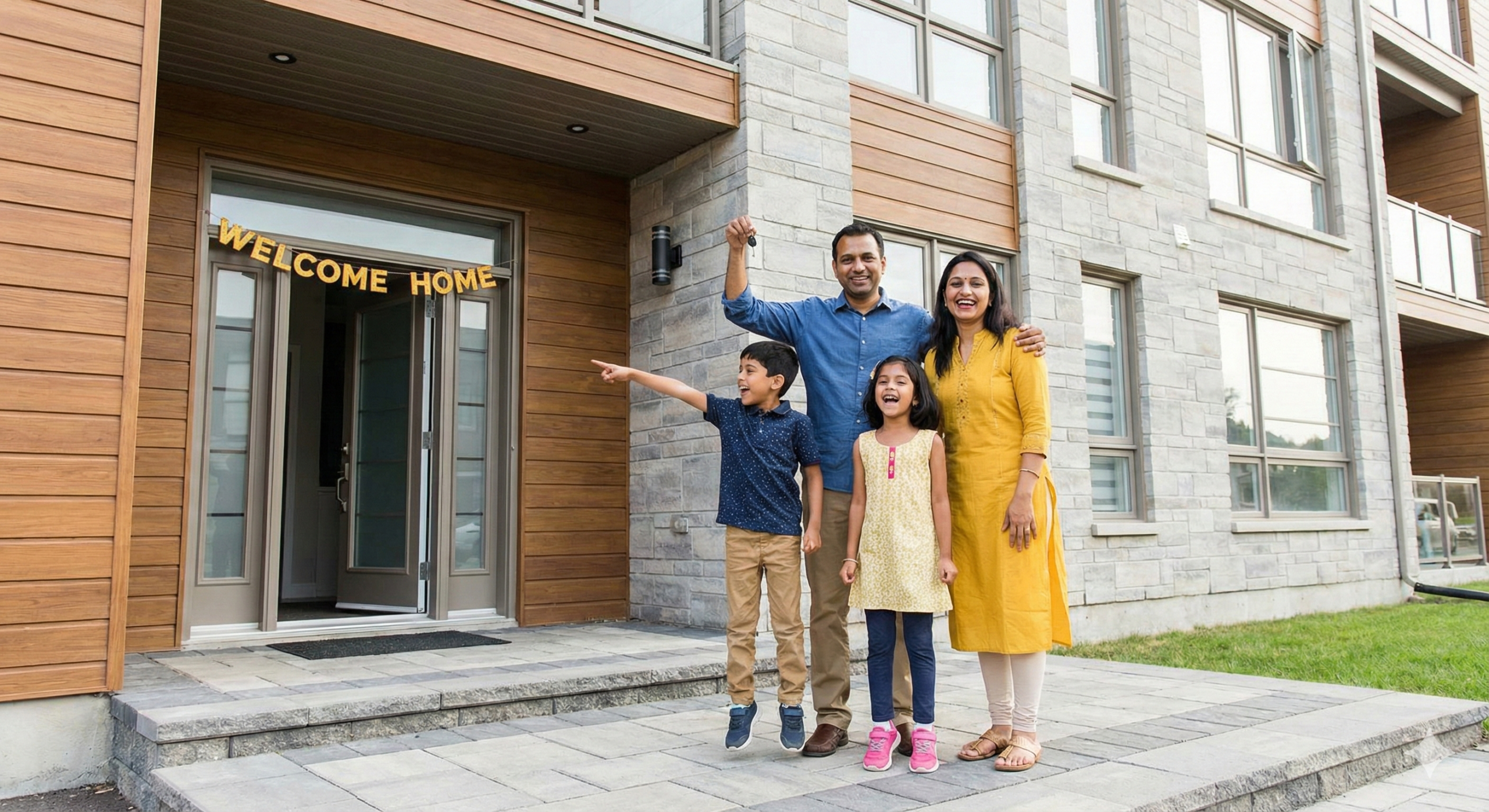 Happy Indian family standing in front of their new home with children excited and parents smiling at a modern residential entrance