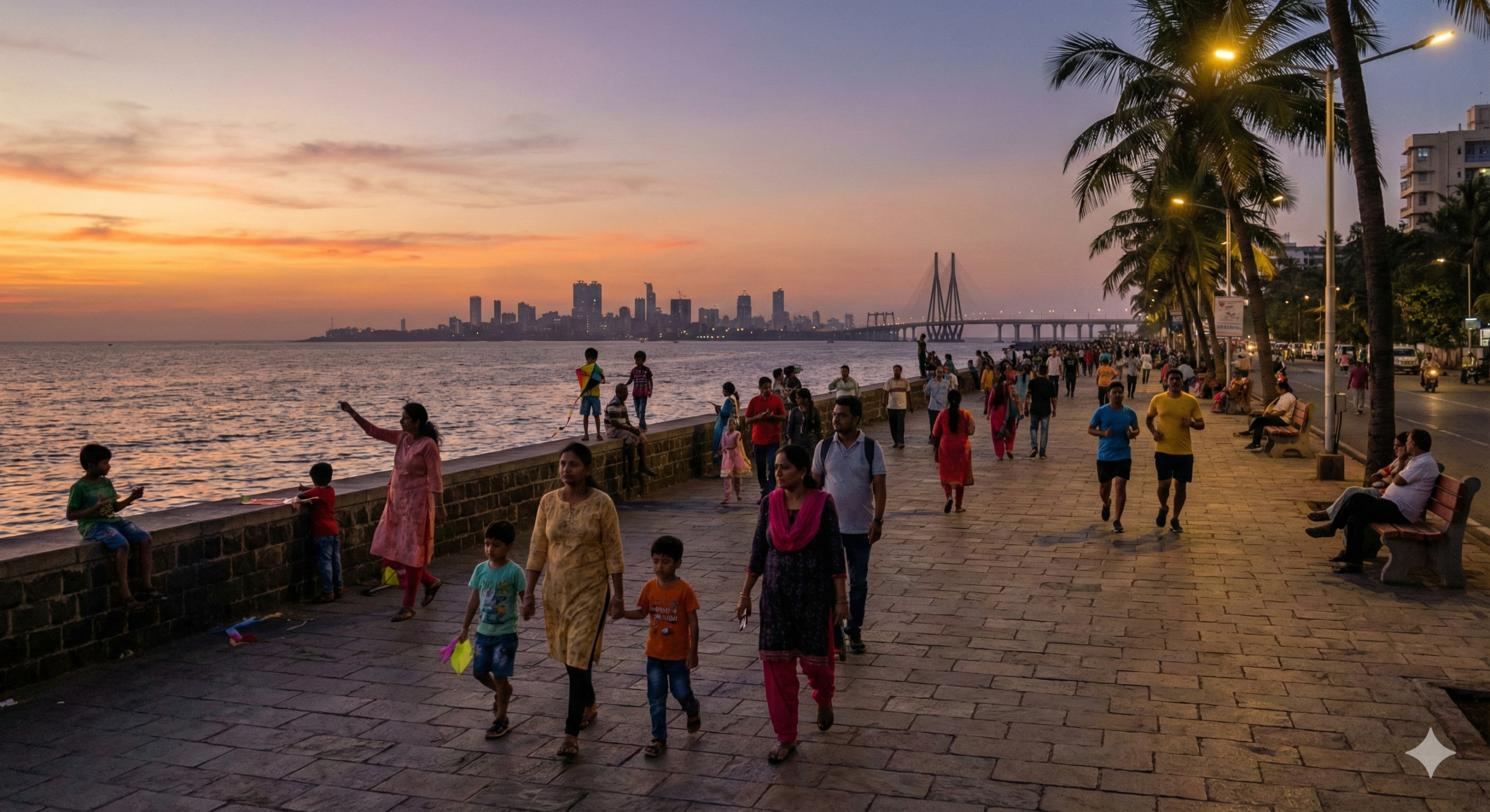 Evening view of Bandra Bandstand promenade with families walking, children playing, and joggers enjoying the seaside pathway